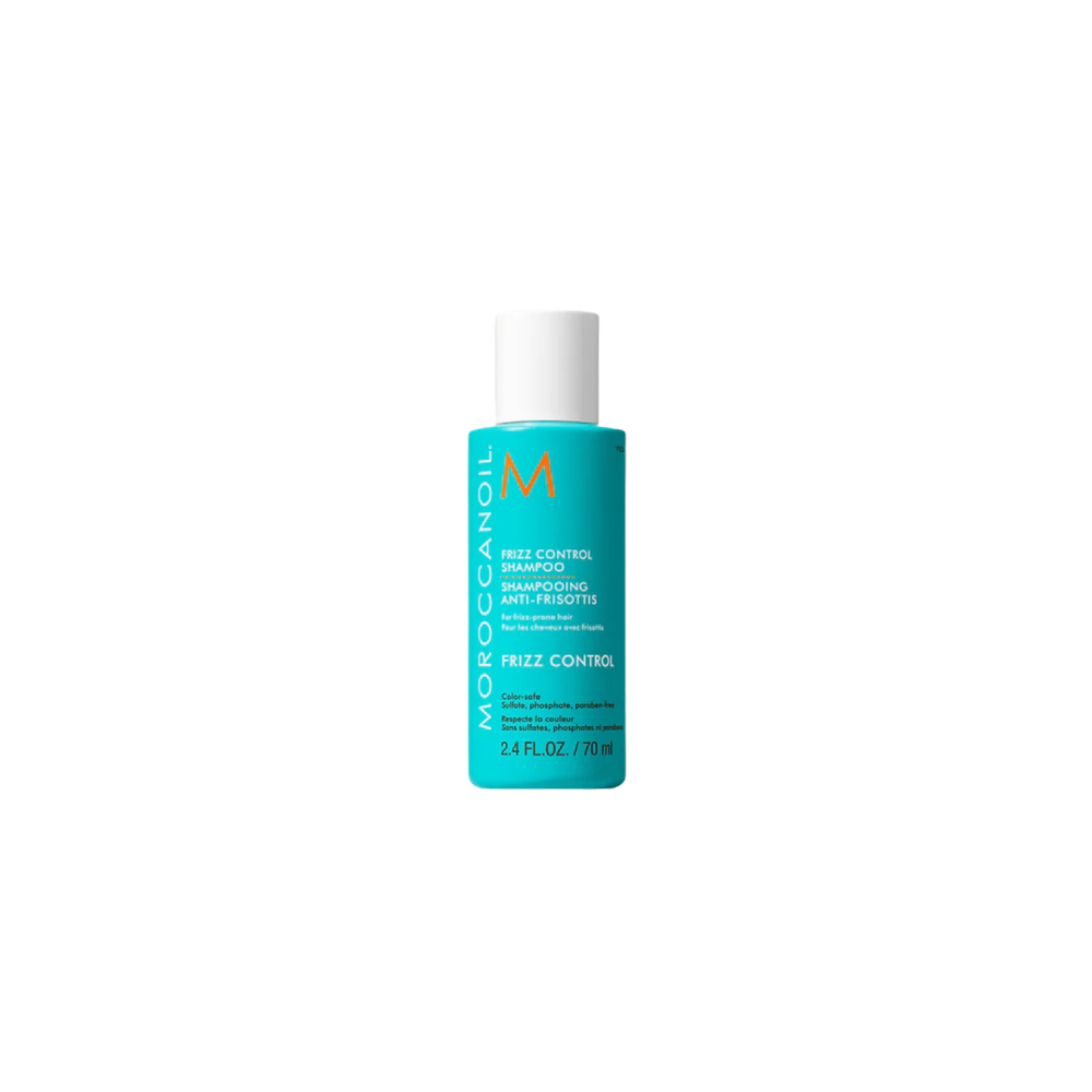 Flacon bleu Moroccanoil Frizz Control Shampoo, soin anti-frisottis 72 h