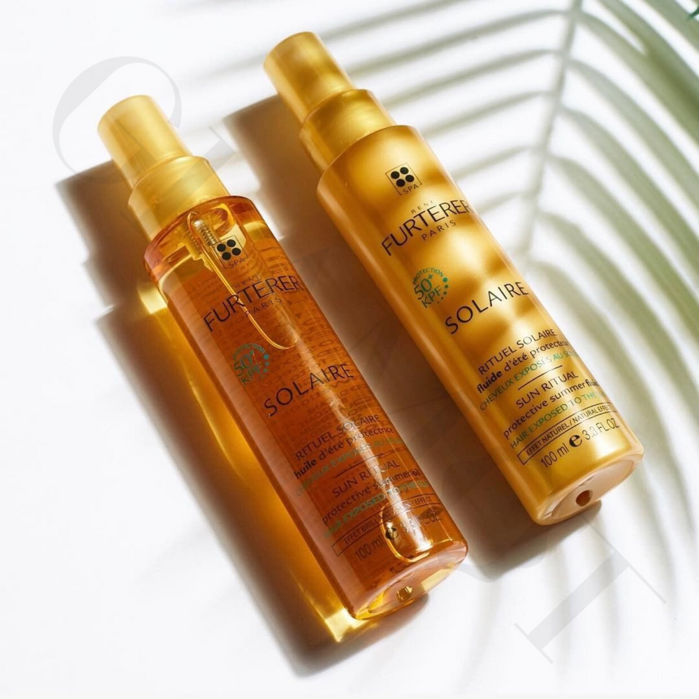 Texture fluide d'été protecteur René Furterer pulvérisée, cheveux hydratés et protégés contre le soleil