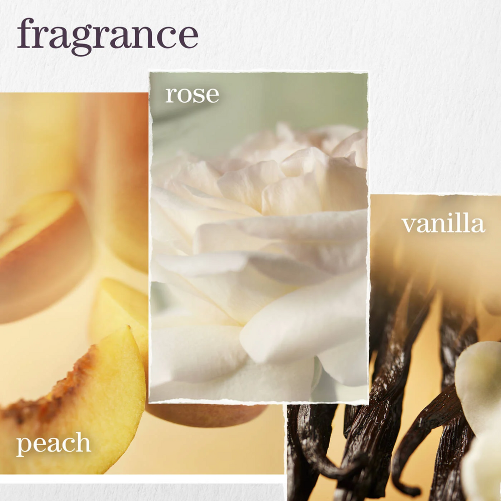 Flacon violet d’après‑shampooing Strength Cure Blonde de Pureology, accompagné d’une touche de fleurs d’orchidée et de poires évoquant les ingrédients clés.