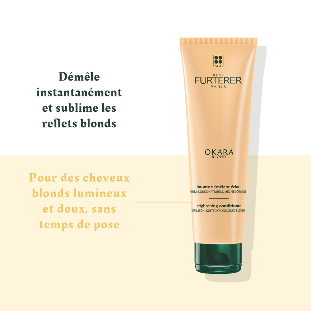 Tube 150 ml du Baume Démêlant Éclat Okara Blond René Furterer, soin sans silicone pour cheveux blonds naturels, méchés ou colorés