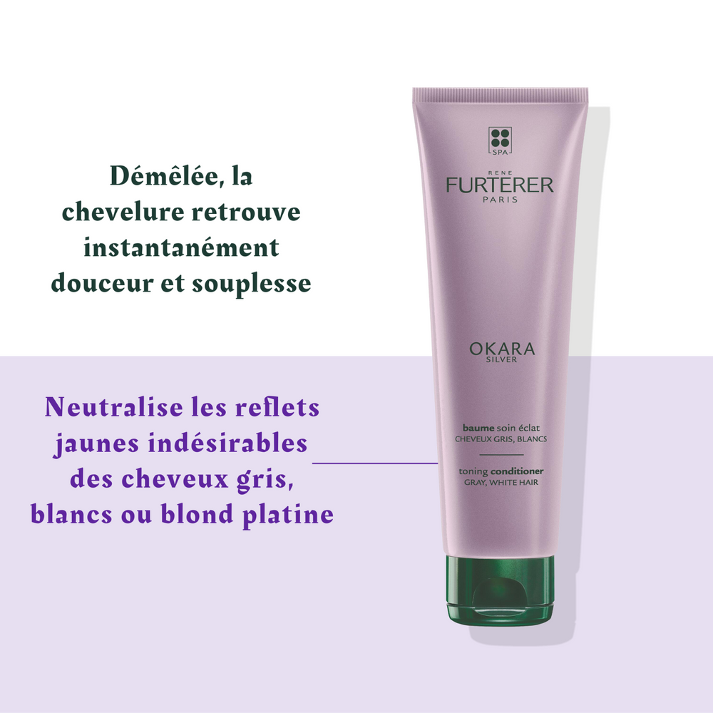 Tube 150 ml du Baume Soin Éclat Okara Silver René Furterer, soin déjaunissant sans silicone pour cheveux gris, blancs ou blonds platine