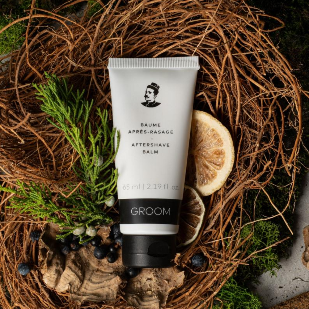 Tube de 65 ml du Baume après-rasage Groom – soin apaisant et hydratant au jojoba et beurre de cacao, parfum herbacé, emballage recyclé