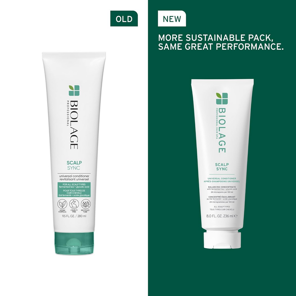 Flacon de 236 ml du Biolage ScalpSync Universal Conditioner, enrichi en menthe poivrée, pour une hydratation légère et un démêlage efficace.