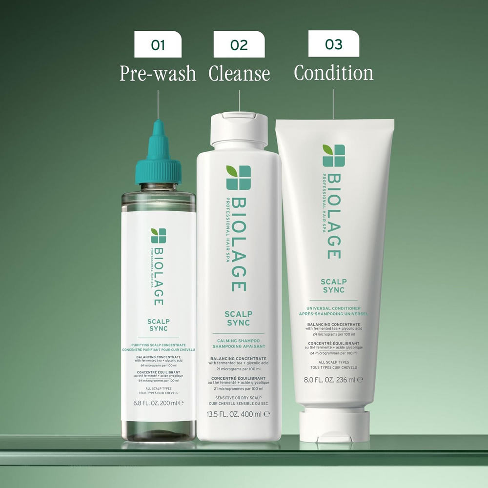 Flacon du shampooing Biolage Scalp Sync Calming – soin apaisant pour cuir chevelu irrité, sans silicone ni parabènes, formule douce vegan.