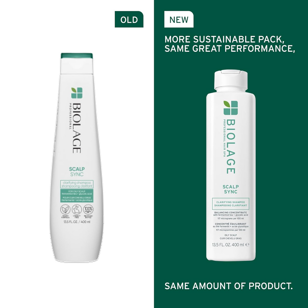 Flacon de 400 ml du Biolage Scalp Sync Clarifying Shampoo, shampooing clarifiant pour cuir chevelu gras, enrichi en thé fermenté et acide glycolique.