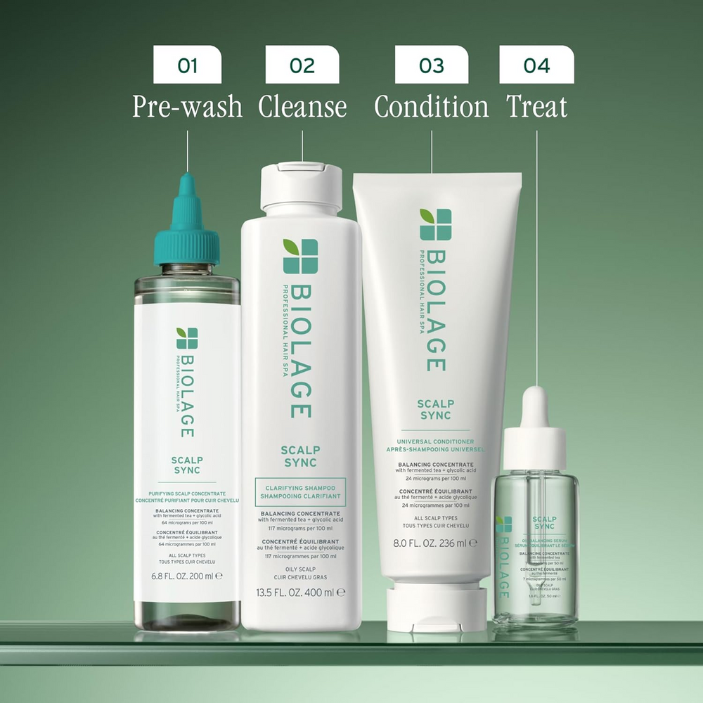 Flacon de 400 ml du Biolage Scalp Sync Clarifying Shampoo, shampooing clarifiant pour cuir chevelu gras, enrichi en thé fermenté et acide glycolique.
