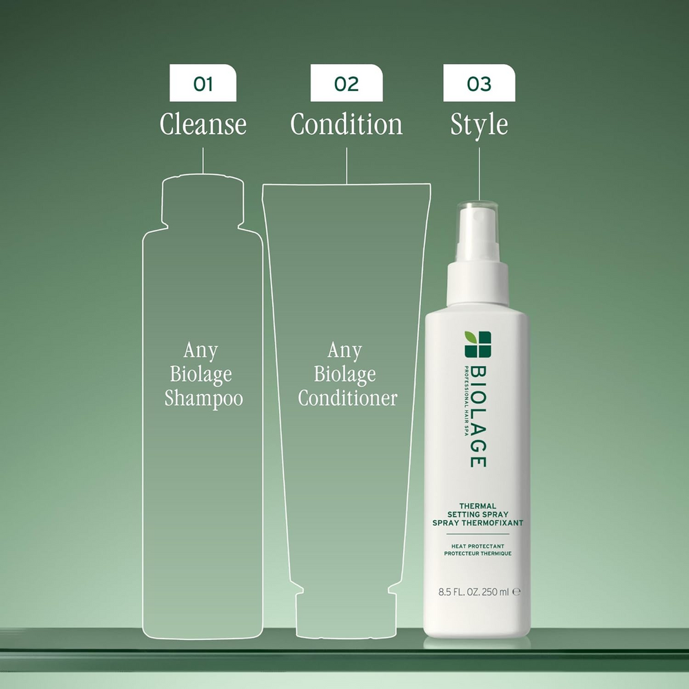 Flacon Biolage Thermal Setting Spray – spray protecteur thermique étiquette visible sur fond neutre