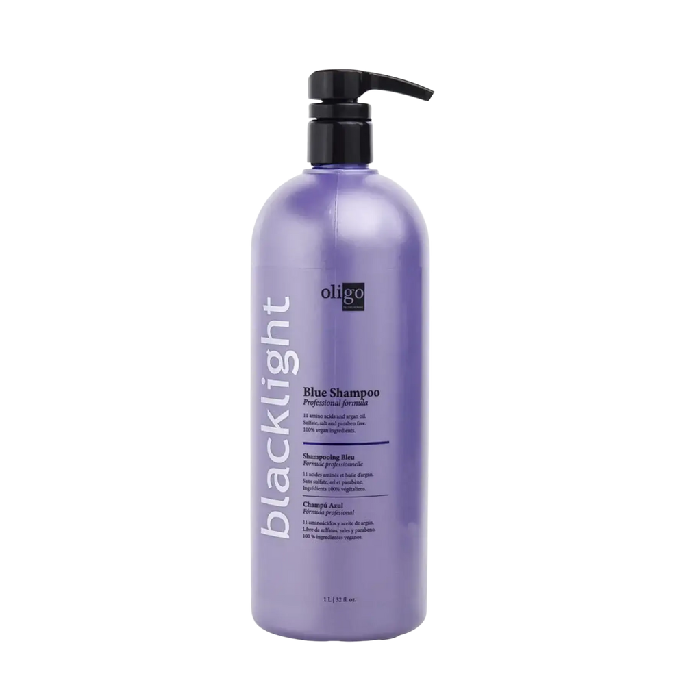 « Flacon Blue Shampoo Oligo Professionnel – soin anti‑reflets jaunes pour cheveux blonds méchés ou décolorés »