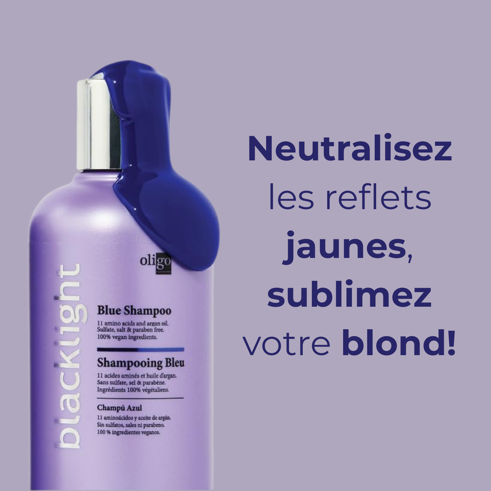 « Flacon Blue Shampoo Oligo Professionnel – soin anti‑reflets jaunes pour cheveux blonds méchés ou décolorés »