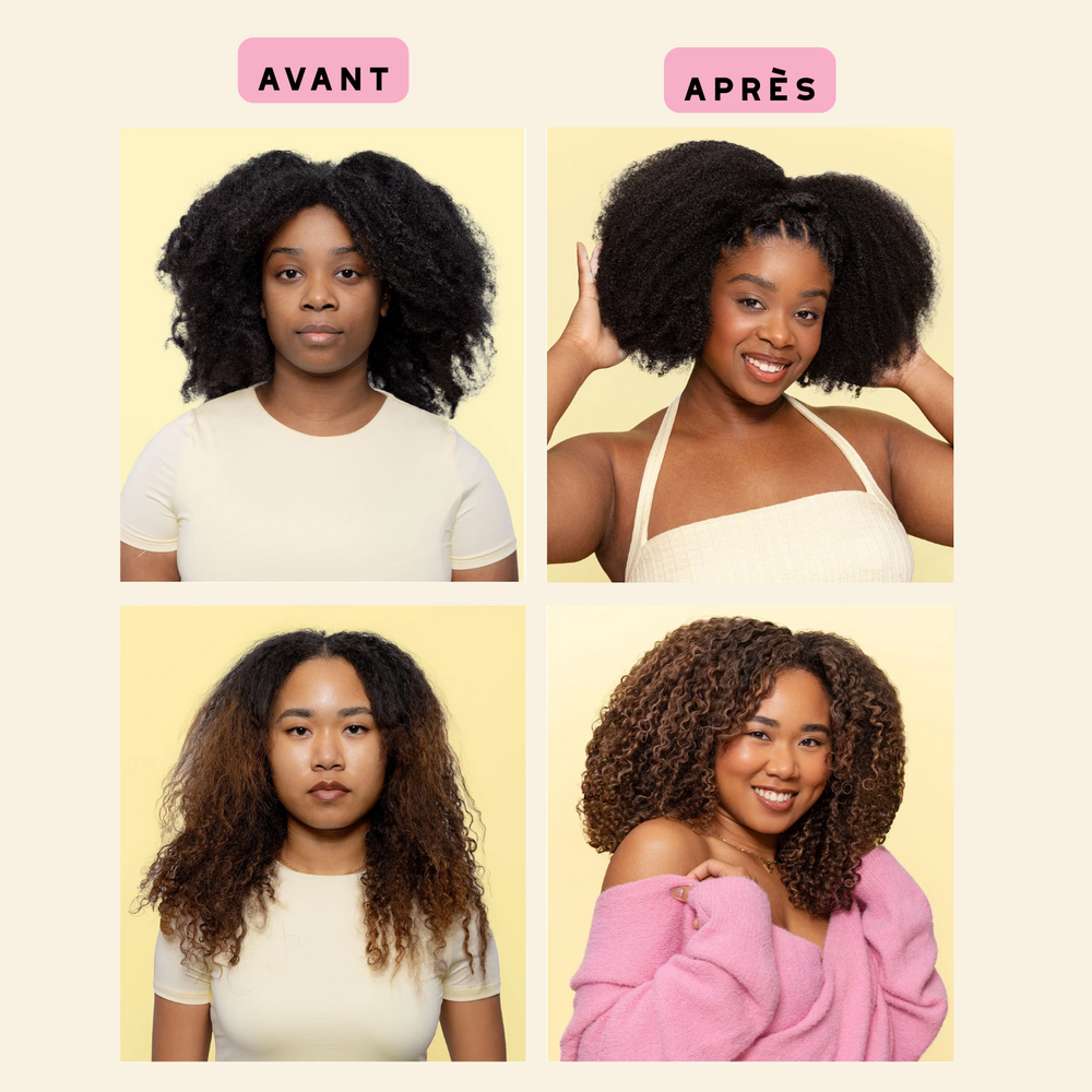 Flacon de mousse Bounce.Me pour boucles, texture légère et crémeuse, idéal pour définir boucles sans frisottis.