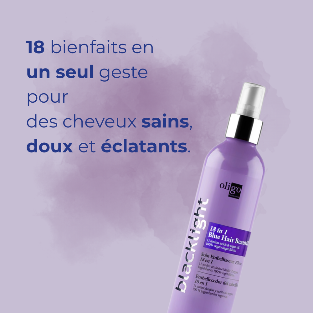 “Flacon Oligo Blue 18‑in‑1 Hair Beautifier – brume soin pour blondes”
