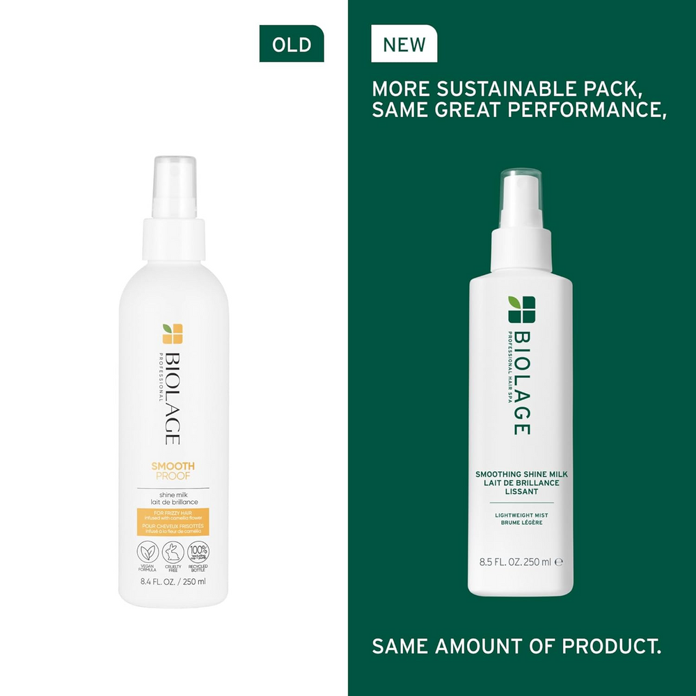 Flacon de 250 ml de la brume de brillance et d’hydratation Biolage Smooth Shine Milk, soin capillaire sans rinçage.