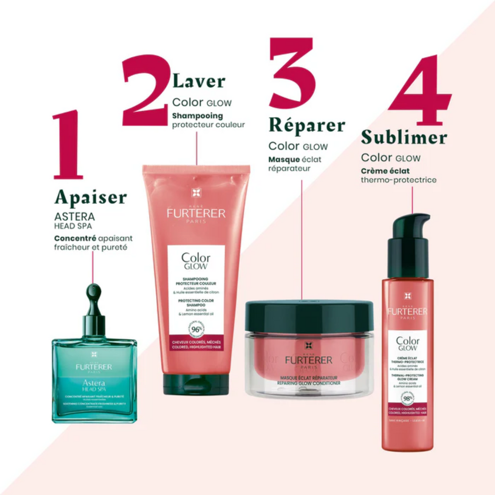 Flacon 100 ml de la Crème Color Glow René Furterer, soin sans rinçage protecteur jusqu’à 230 °C, anti‑frisottis et éclat longue durée