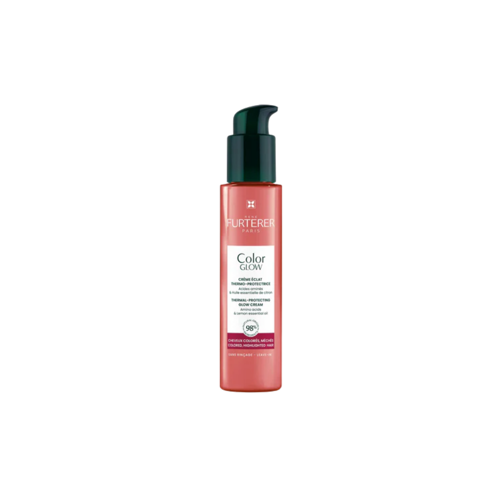 Flacon 100 ml de la Crème Color Glow René Furterer, soin sans rinçage protecteur jusqu’à 230 °C, anti‑frisottis et éclat longue durée