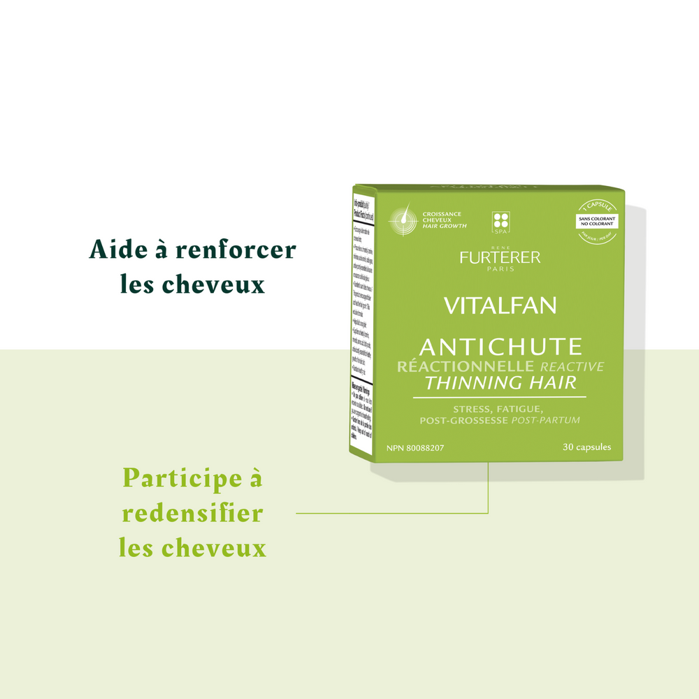 Boîte de 90 capsules du complément alimentaire antichute réactionnelle Vitalfan René Furterer, formulé pour lutter contre la chute de cheveux liée au stress, à la fatigue ou aux déséquilibres hormonaux