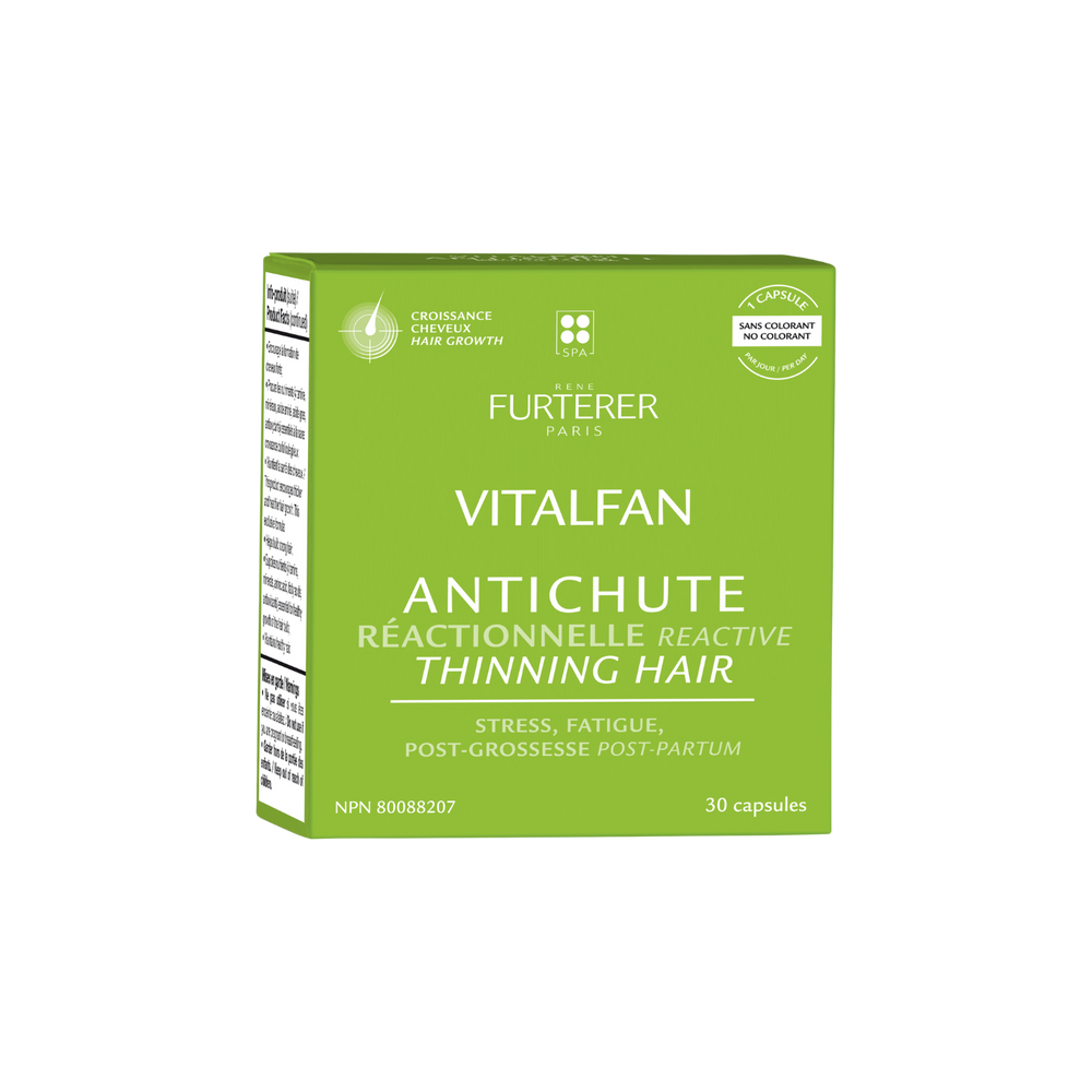 Boîte de 90 capsules du complément alimentaire antichute réactionnelle Vitalfan René Furterer, formulé pour lutter contre la chute de cheveux liée au stress, à la fatigue ou aux déséquilibres hormonaux