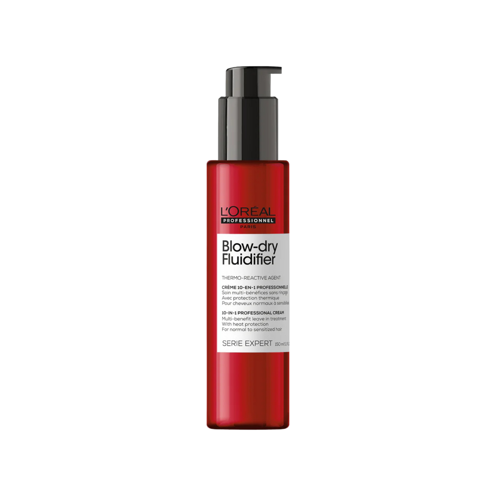 Flacon de la Crème 10-en-1 sans rinçage Blow-Dry Fluidifier de L'Oréal Professionnel, soin thermo-réactif pour un brushing durable.
