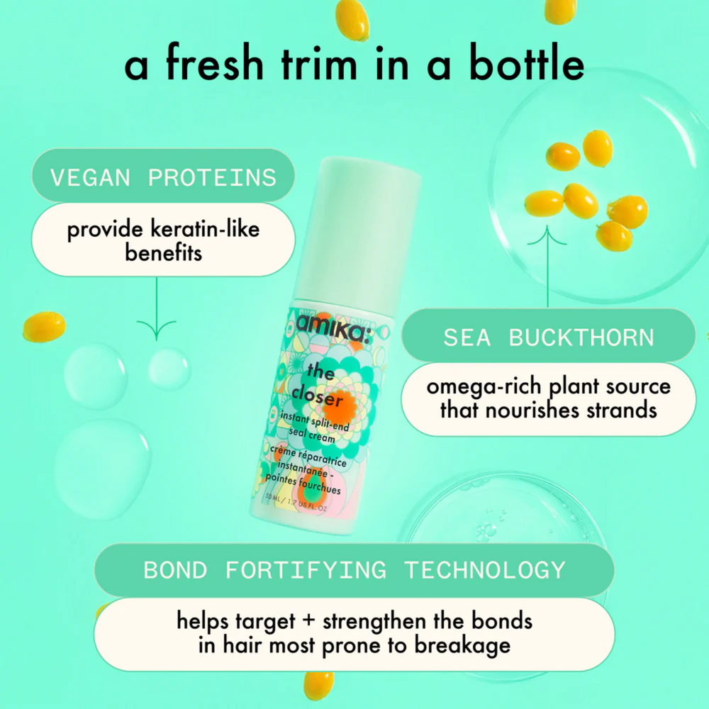 Flacon de la crème amika The Closer pour réparation des pointes fourchues