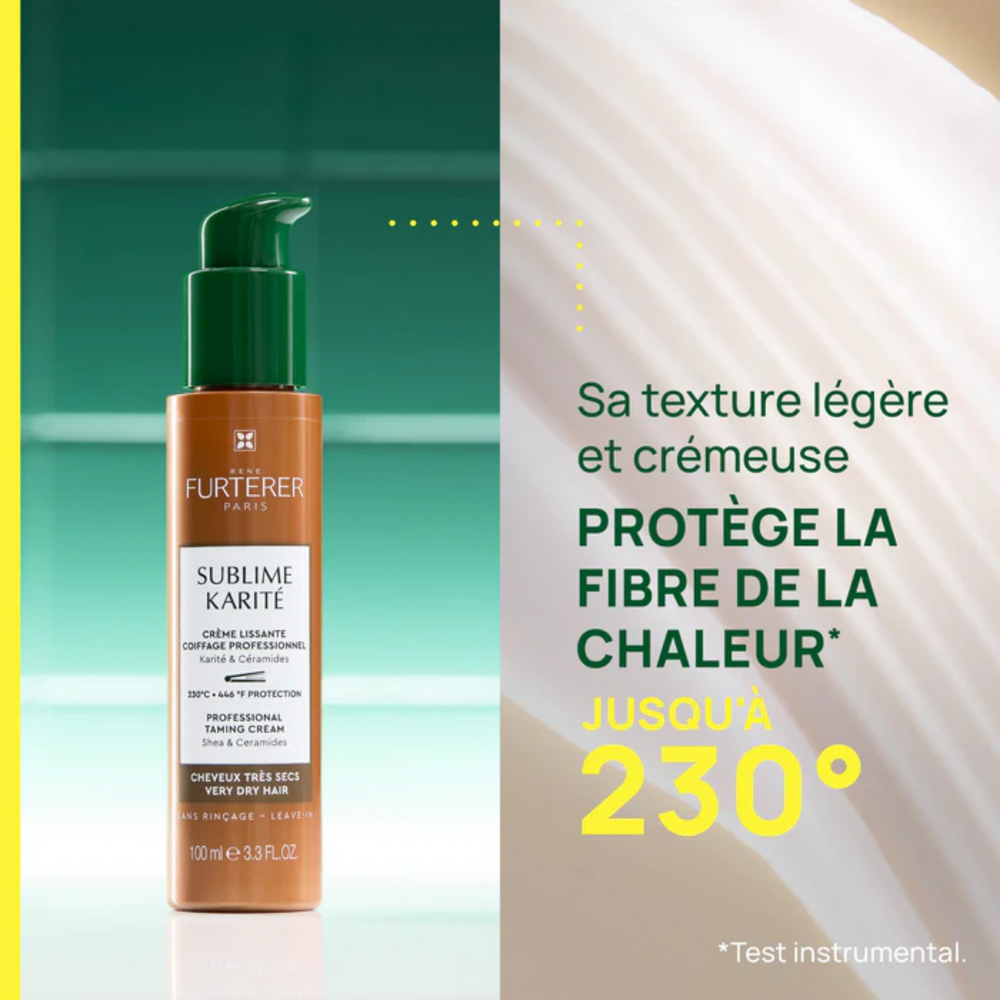 Crème lissante sans rinçage Sublime Karité René Furterer en flacon‑pompe 100 ml, pour cheveux très secs.