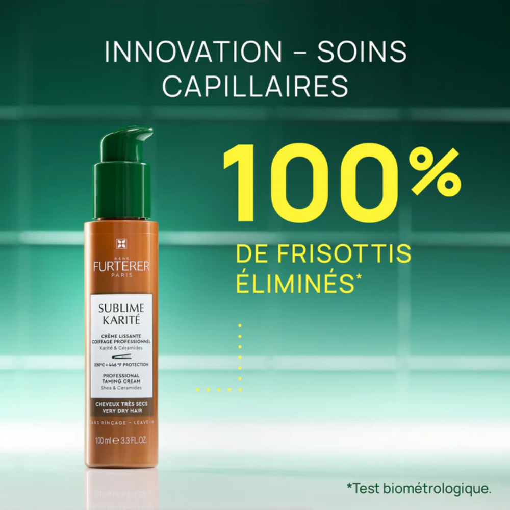 Crème lissante sans rinçage Sublime Karité René Furterer en flacon‑pompe 100 ml, pour cheveux très secs.