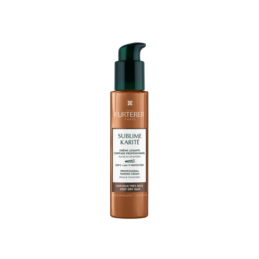 Crème lissante sans rinçage Sublime Karité René Furterer en flacon‑pompe 100 ml, pour cheveux très secs.