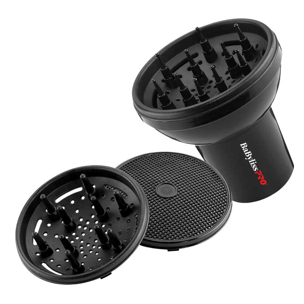 « Diffuseur universel 3‑en‑1 BaBylissPRO BESD05C – vue fixée sur sèche‑cheveux, embout noir »