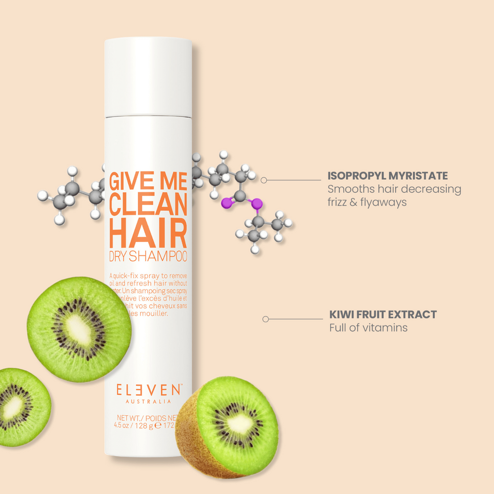 Spray sec “Give Me Clean” ELEVEN Australia – flacon élégant avec bouchon, pour rafraîchir cheveux sans eau et apporter volume naturellement.