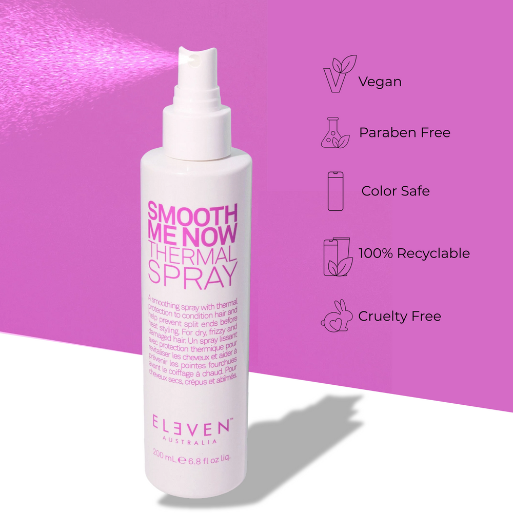 Flacon du spray thermique Eleven Australia Smooth Me Now 200 ml – protection, lissage et brillance