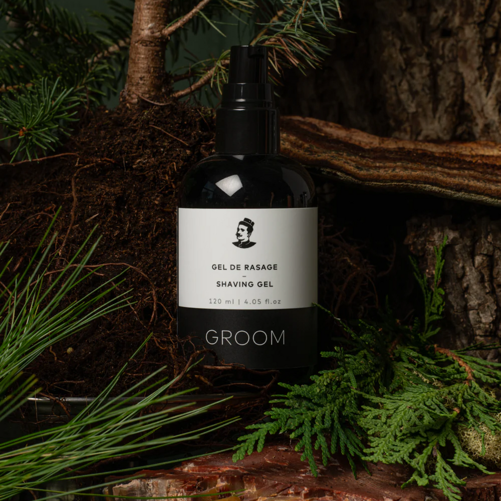 Tube 120 ml de gel de rasage Groom – transparent, glisse fluide, aloès et orge, parfum pin-sauge-genévrier