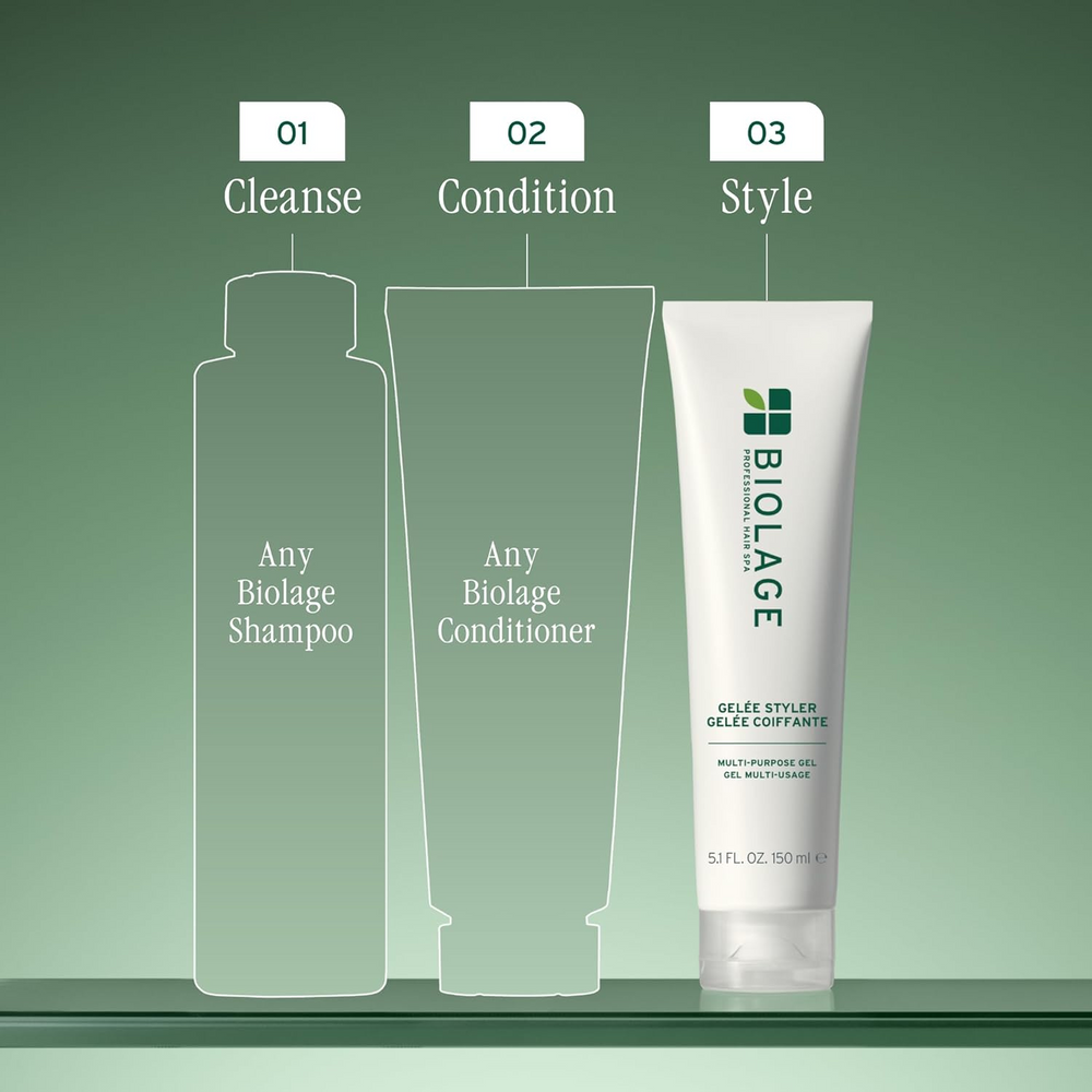 Flacon Biolage Gelée Styler 500 ml – gel coiffant avec étiquette visible, flacon neutre