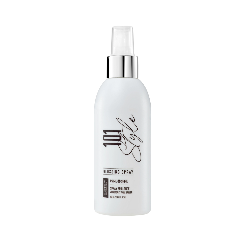 Flacon 150 ml du spray Glossing Prime & Shine – brillance légère et contrôle des frisottis.