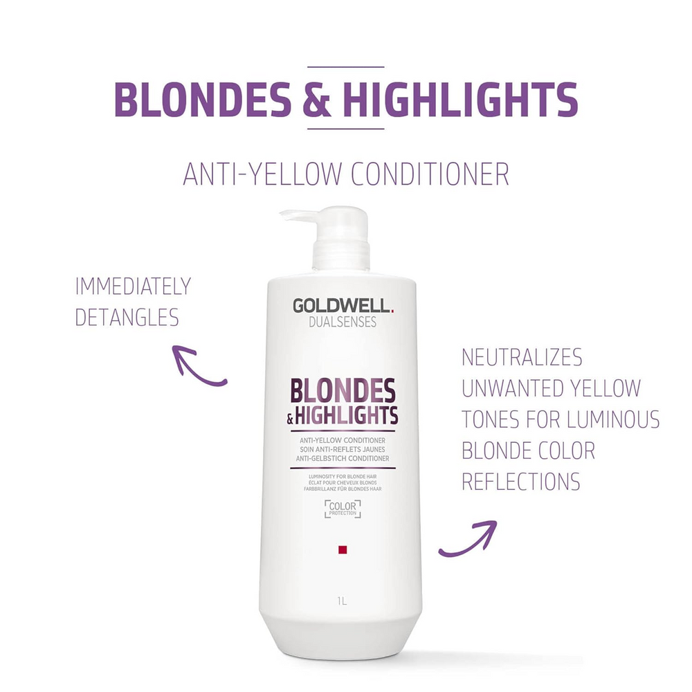 Flacon de 1000 ml du revitalisant Goldwell Dualsenses Blondes & Highlights Anti-Yellow Conditioner pour cheveux blonds