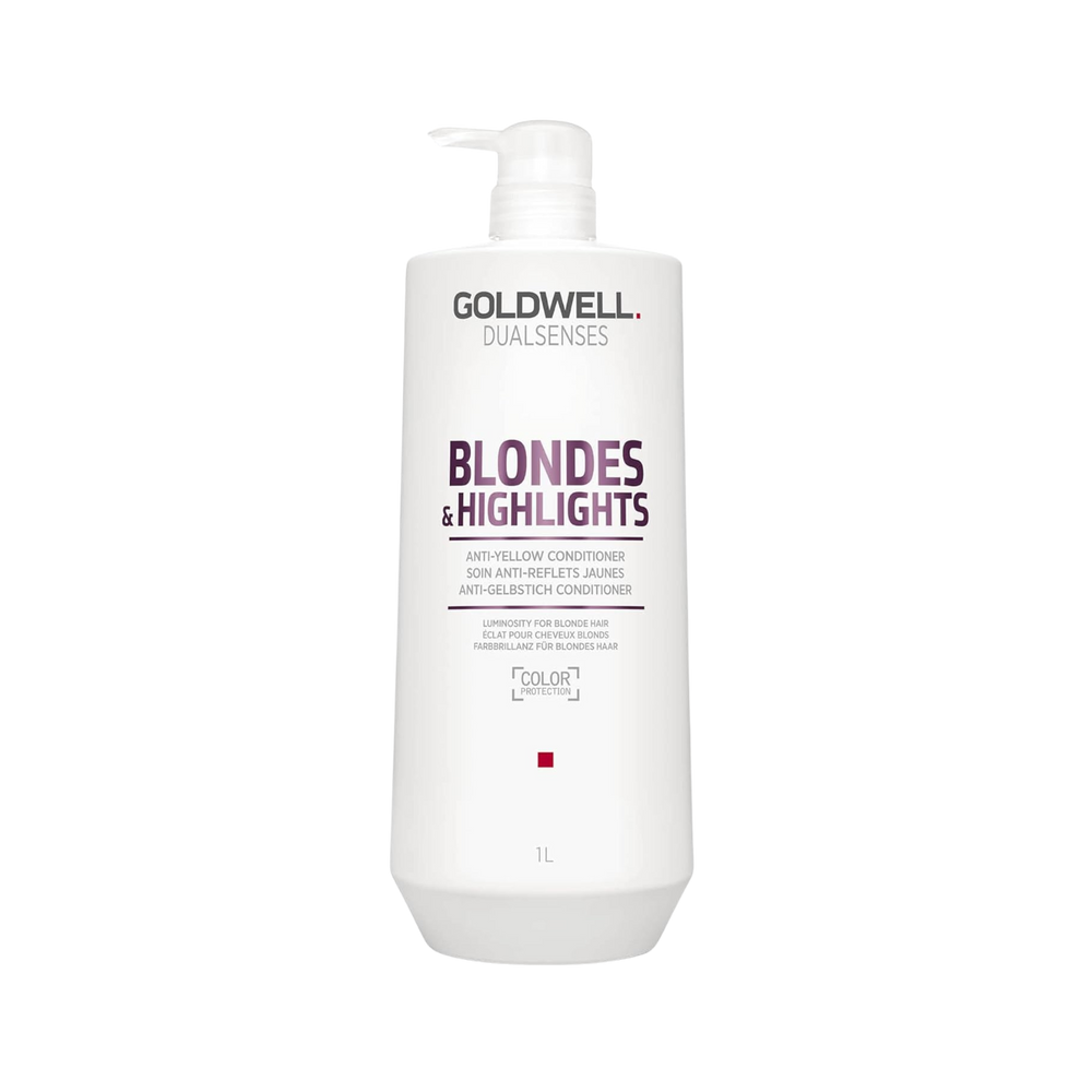 Flacon de 1000 ml du revitalisant Goldwell Dualsenses Blondes & Highlights Anti-Yellow Conditioner pour cheveux blonds
