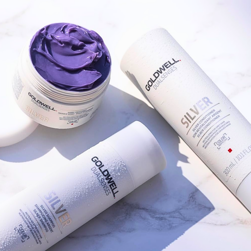 Pot du masque Goldwell Dualsenses Silver 60 sec 200 ml, traitement express pour neutraliser le jaune, brillance froide