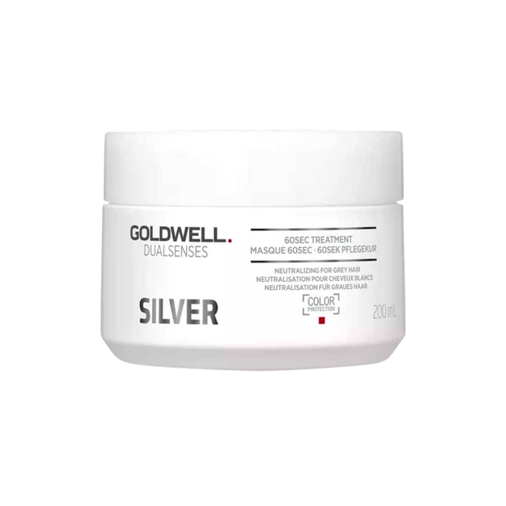 Pot du masque Goldwell Dualsenses Silver 60 sec 200 ml, traitement express pour neutraliser le jaune, brillance froide