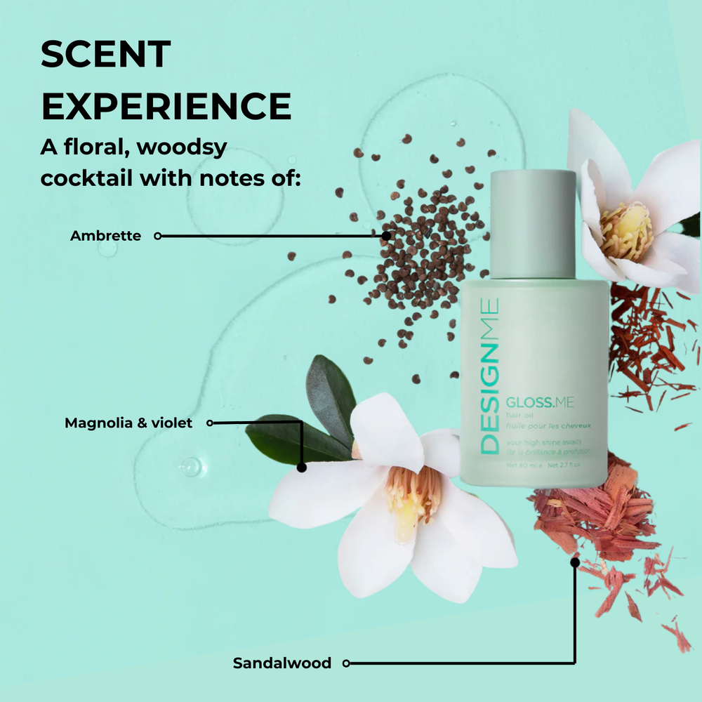 Bouteille élégante de l’huile Gloss.Me de Design.Me, formule légère qui nourrit, lisse et apporte brillance et éclat aux cheveux sans les alourdir.