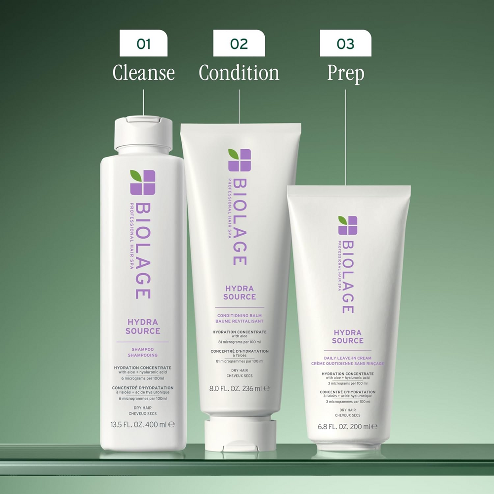 Flacon de shampooing Biolage Hydra Source avec aloe vera et acide hyaluronique, soin hydratant pour cheveux secs.