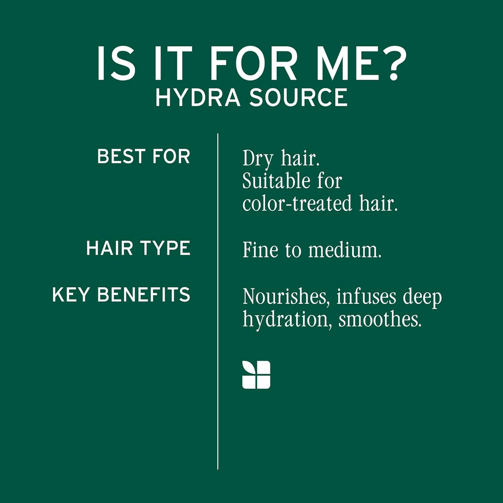Flacon de shampooing Biolage Hydra Source avec aloe vera et acide hyaluronique, soin hydratant pour cheveux secs.