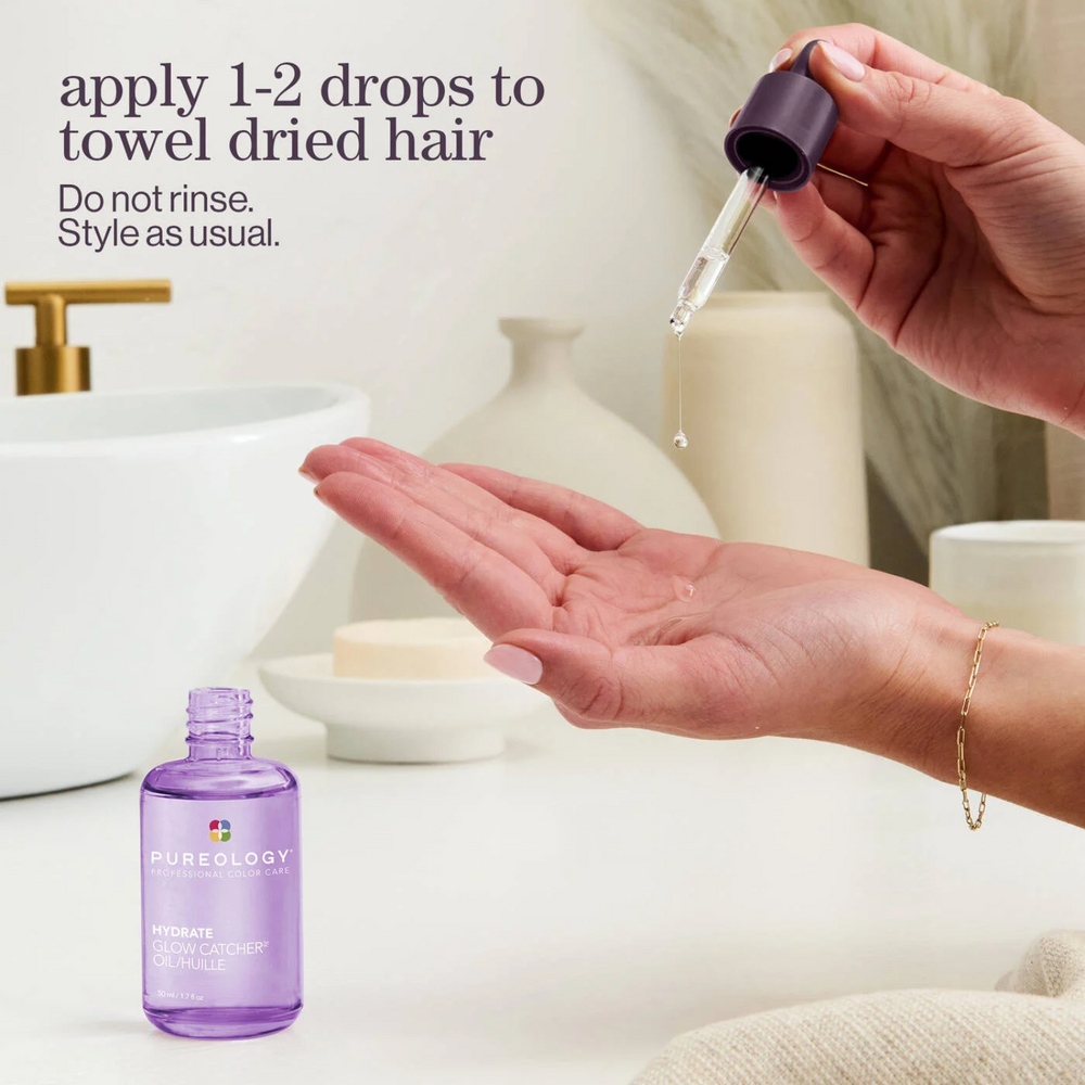 Flacon d’huile capillaire Pureology Hydrate Glow Catcher Oil posé sur une surface neutre.