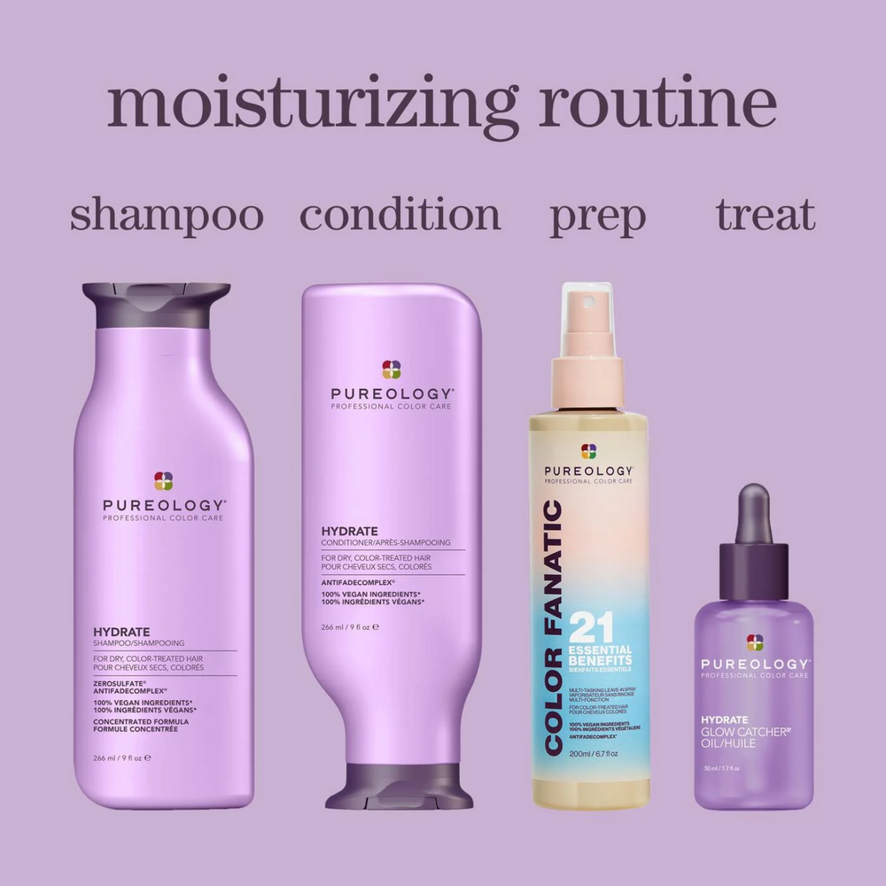 Flacon d’huile capillaire Pureology Hydrate Glow Catcher Oil posé sur une surface neutre.