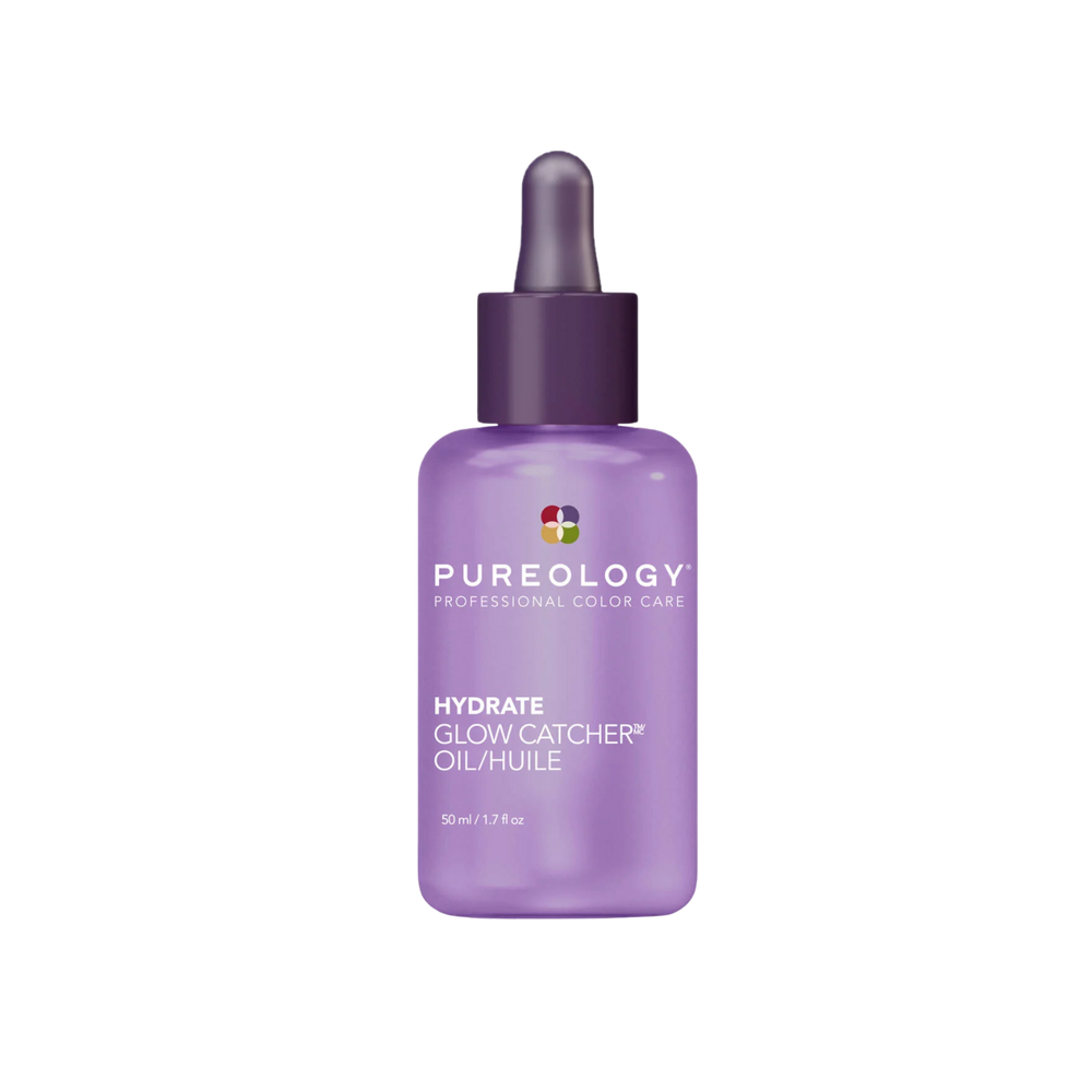 Flacon d’huile capillaire Pureology Hydrate Glow Catcher Oil posé sur une surface neutre.