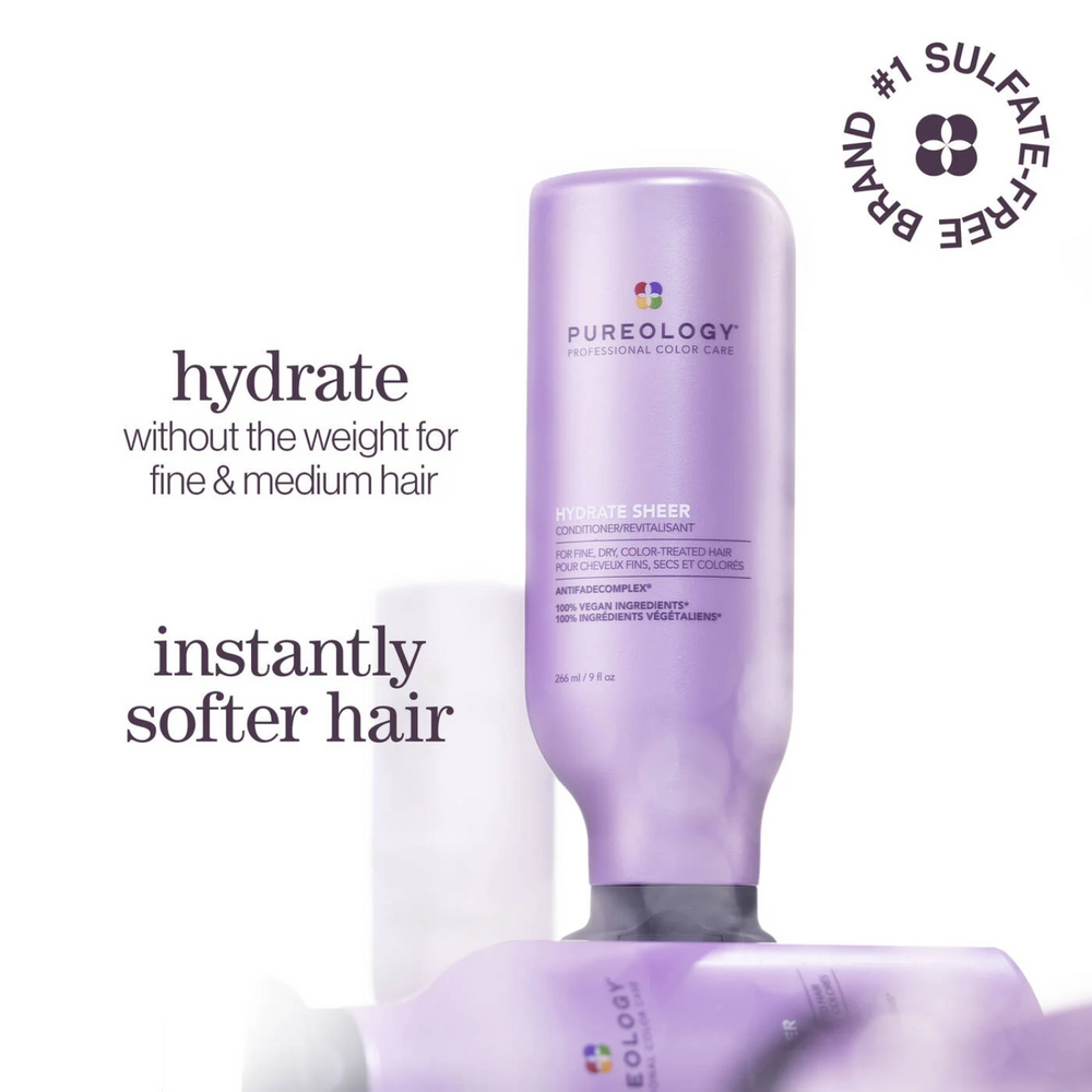 Flacon de Pureology Hydrate Sheer Conditioner 266 ml – soin démêlant léger pour cheveux fins et colorés