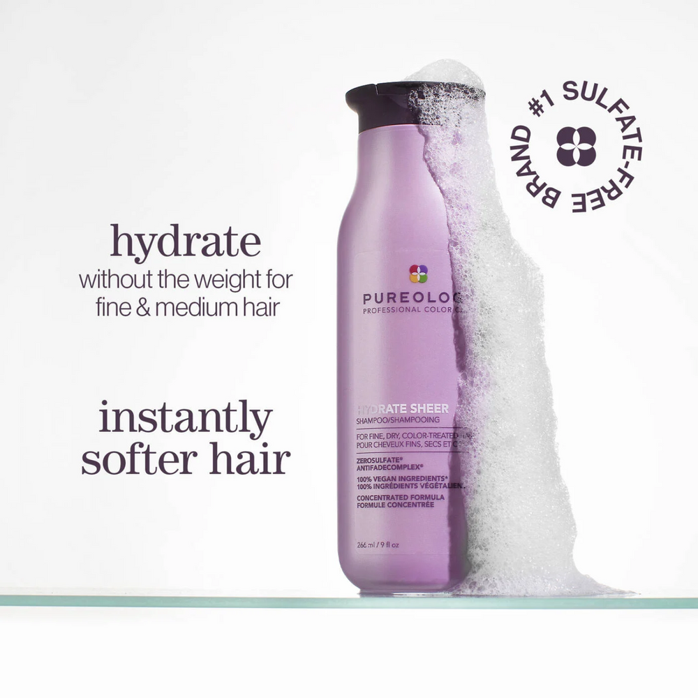 Flacon de Pureology Hydrate Sheer Shampoo 266 ml pour cheveux fins et colorés
