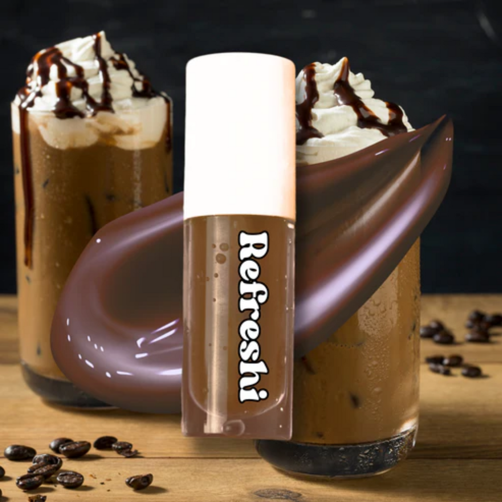 Tube 5 ml Iced Mocha Brown Tinted Lip Oil Refreshi, texture brillante, parfum café glacé, bulles anti‑débordement, soin hydratant vegan