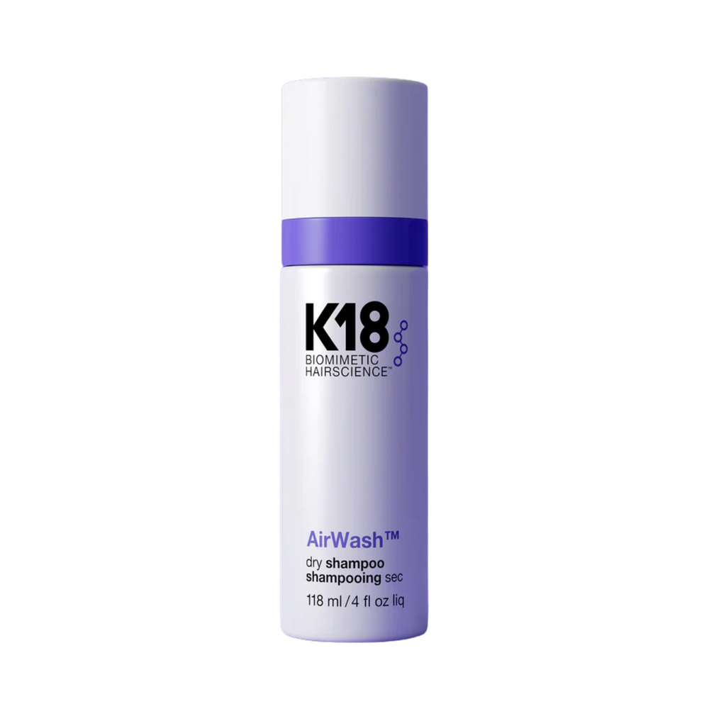 Flacon de 118 ml de K18 AirWash Dry Shampoo non aérosol, soin liquide rafraîchissant sans résidu.