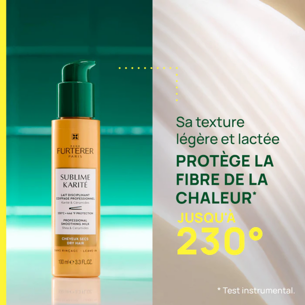 Flacon de Lait Disciplinant Coiffage Professionnel Sublime Karité René Furterer, 100 ml, pour cheveux secs, offrant hydratation, discipline et protection thermique jusqu'à 230 °C.