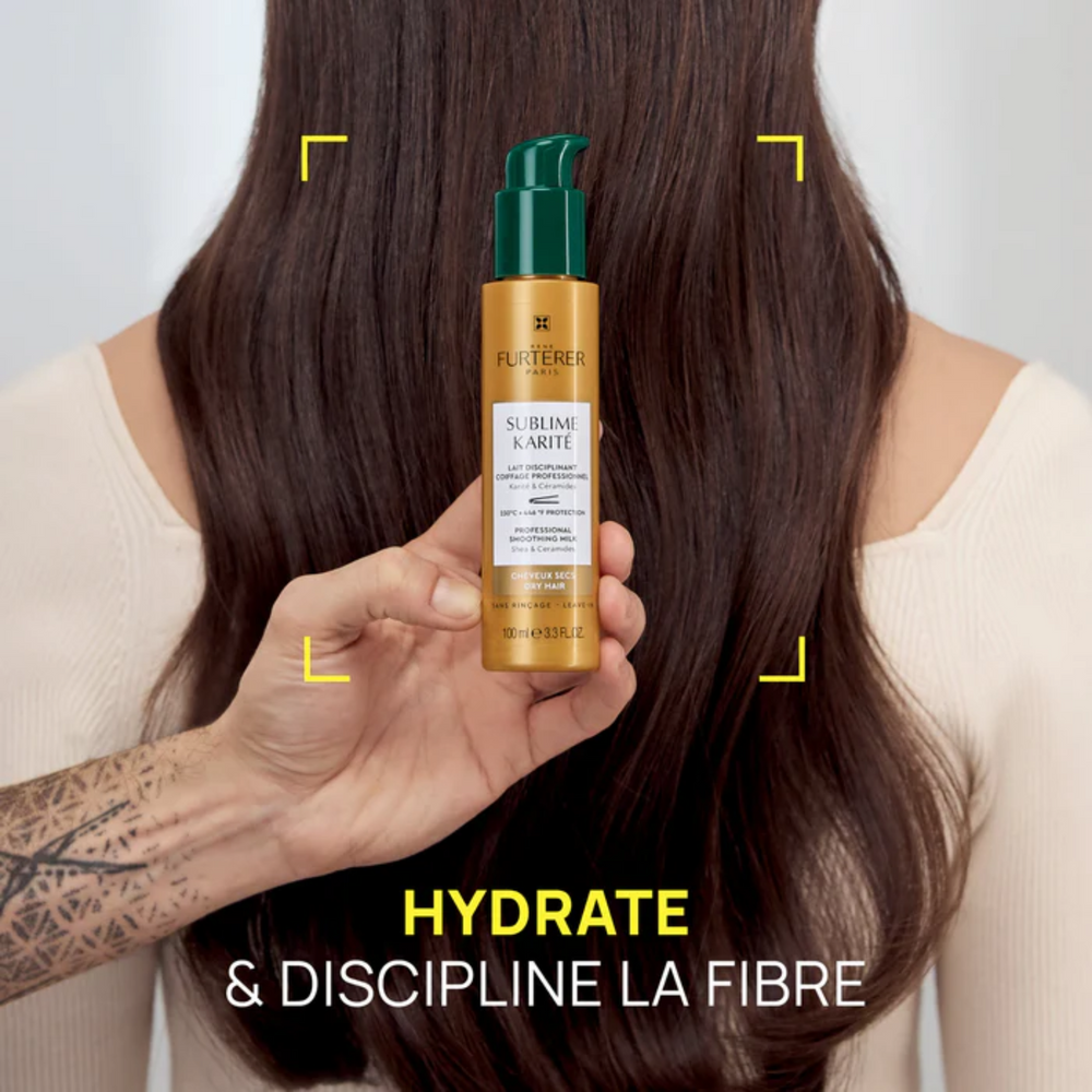 Flacon de Lait Disciplinant Coiffage Professionnel Sublime Karité René Furterer, 100 ml, pour cheveux secs, offrant hydratation, discipline et protection thermique jusqu'à 230 °C.