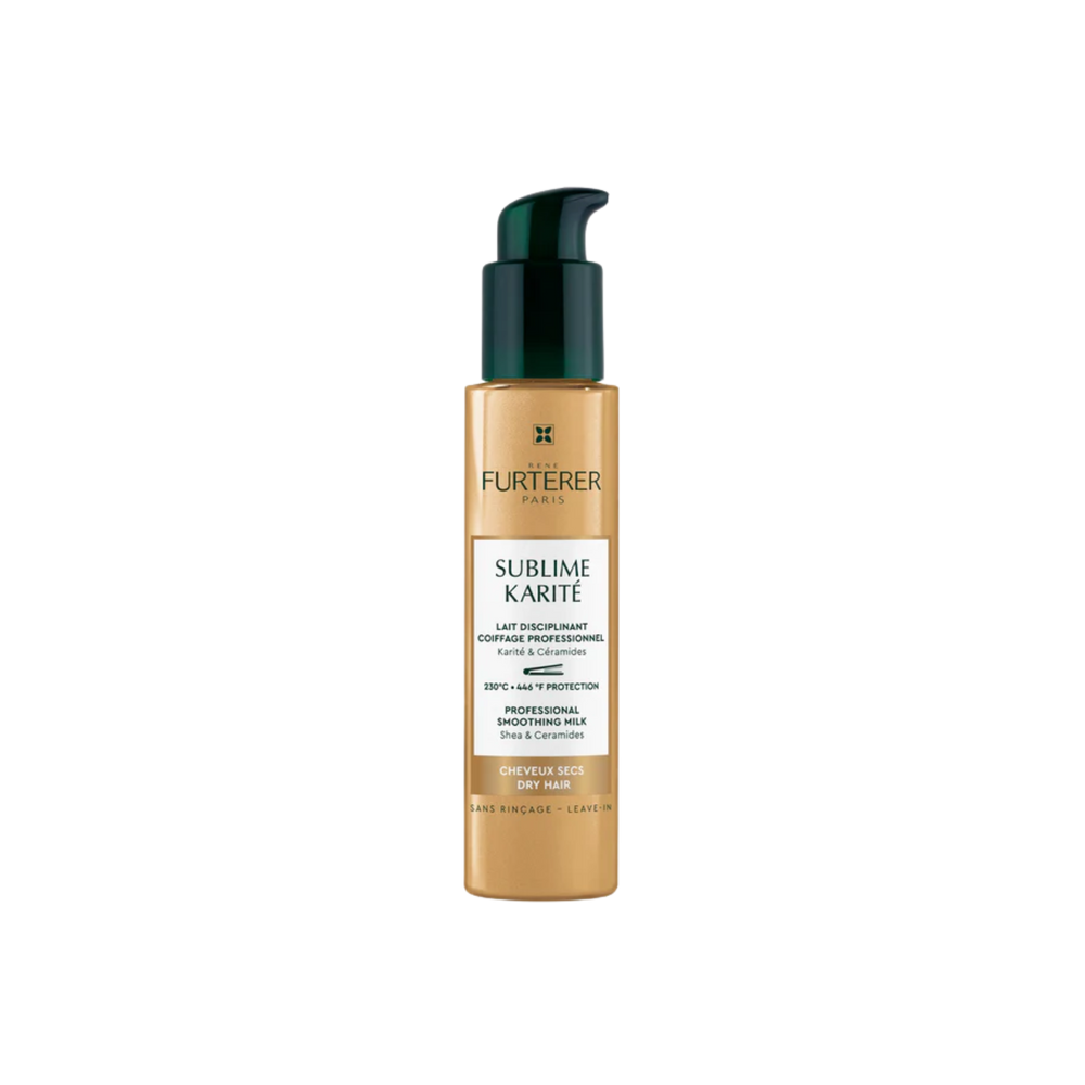 Flacon de Lait Disciplinant Coiffage Professionnel Sublime Karité René Furterer, 100 ml, pour cheveux secs, offrant hydratation, discipline et protection thermique jusqu'à 230 °C.
