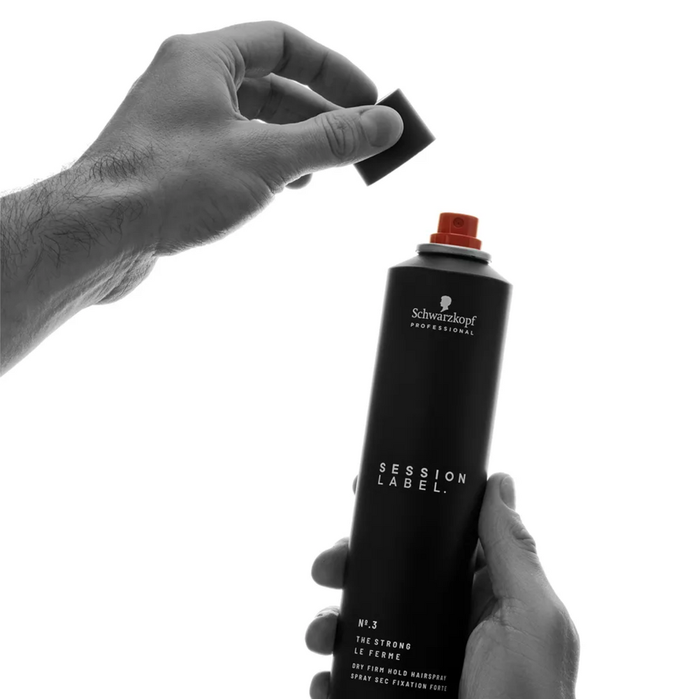 Flacon de Le Fixant Session Label – spray fixation forte, tenue durable sans résidu visible