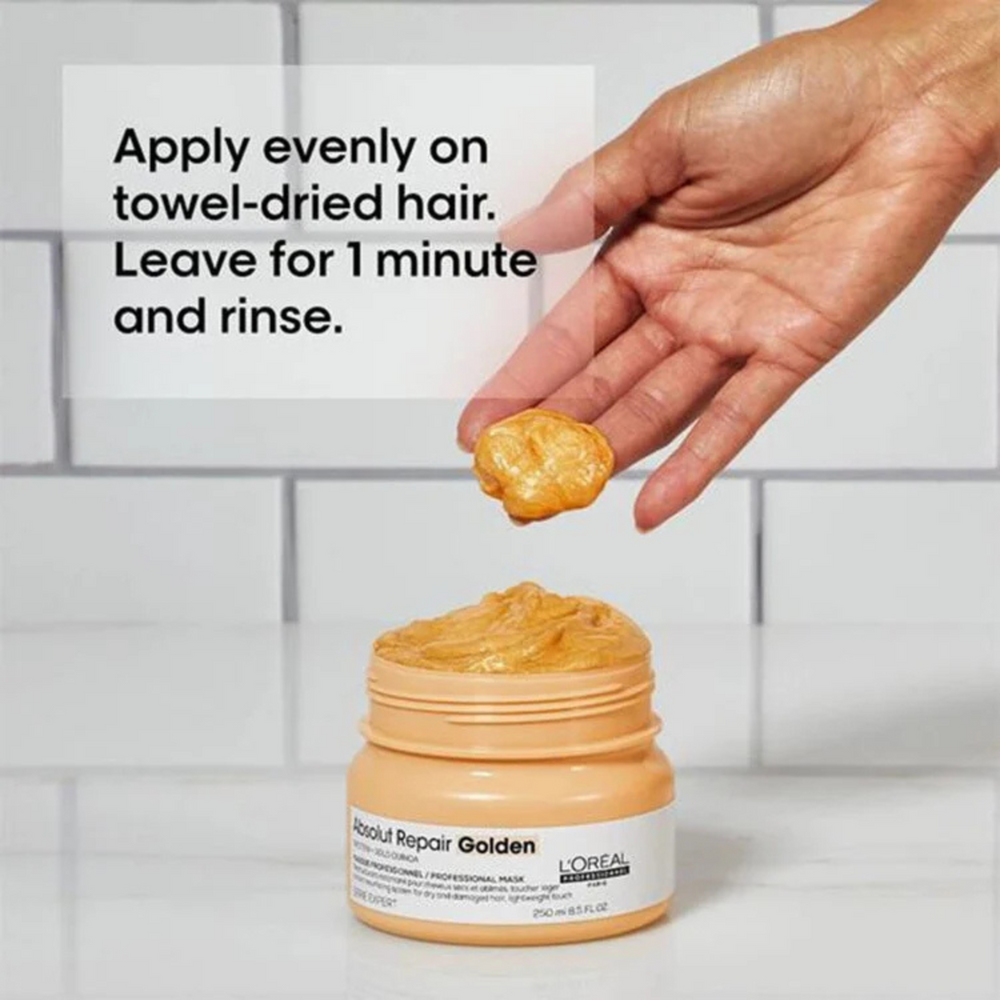 Masque Doré Resurfaçant Absolut Repair L'Oréal Professionnel 250 ml sur fond blanc